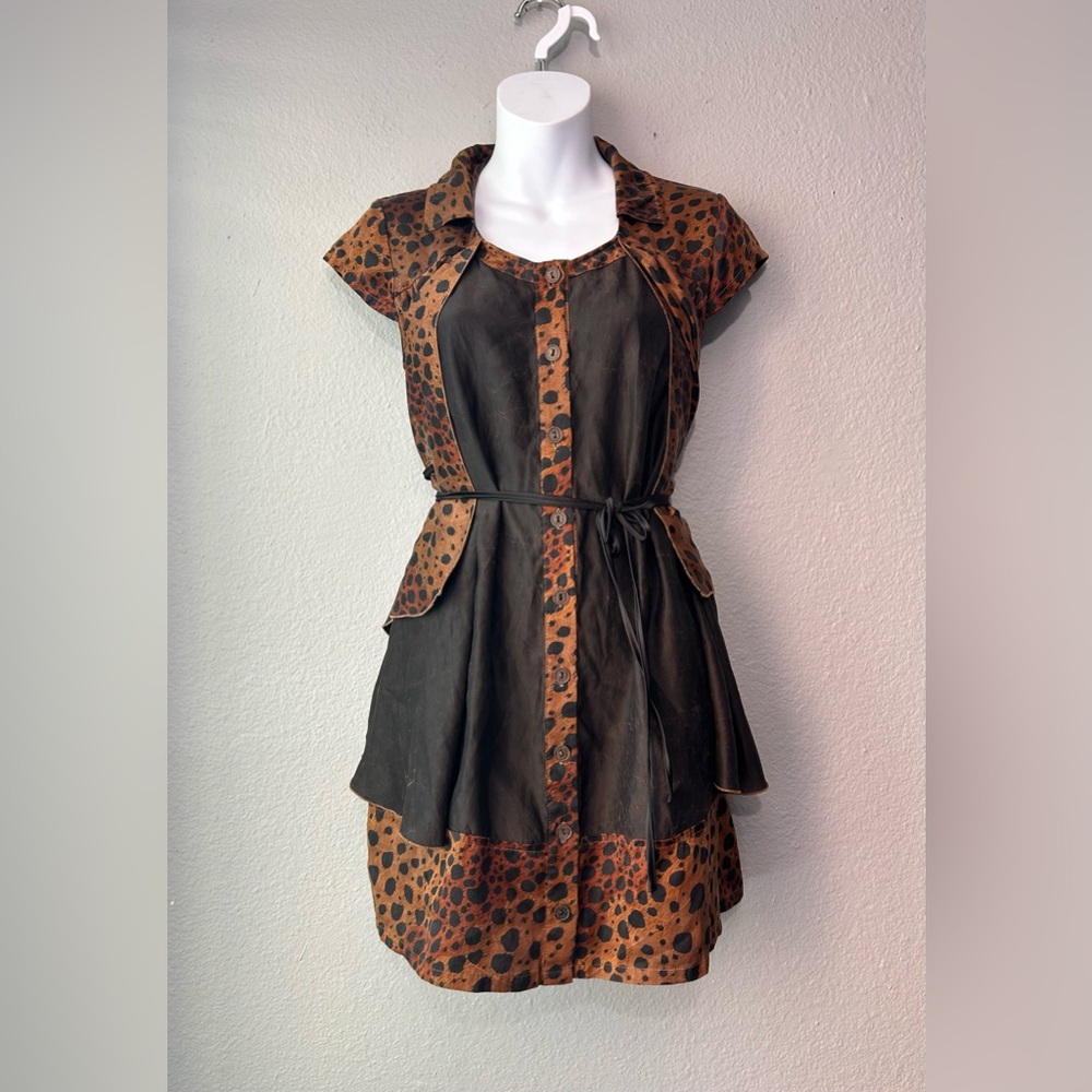 S.M. Yuan Asian Designer Shirt Dress Leopard 100% Silk Small Unique Fashion Art